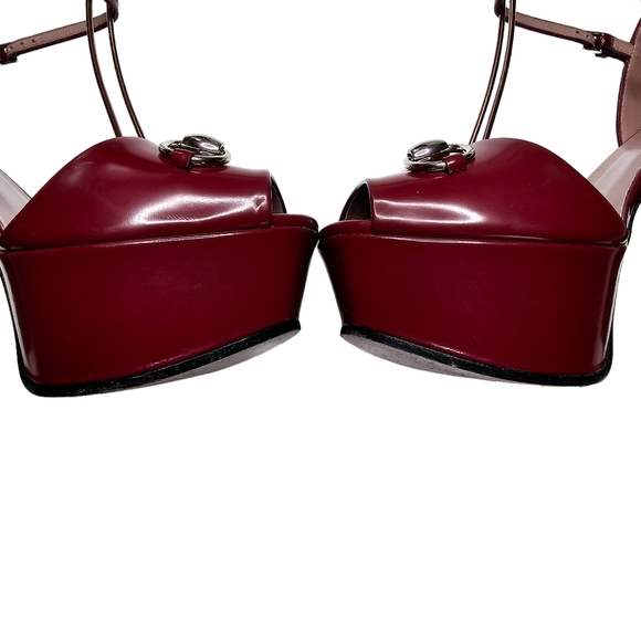 Gucci Claudie Burgundy Red Leather Size 38 Horsebit Platform Block Heel Sandals - Picture 7 of 14